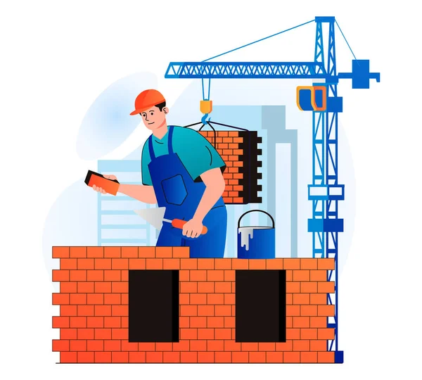 Construction Engineer Concept Modern Flat Design Builder Makes Brickwork Builds — ストック写真