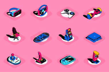 Game devices 3d isometric icons set. Pack elements of vr glasses, different joysticks, gamer chair, slot machine, controller, gaming console and others. Vector illustration in modern isometric design