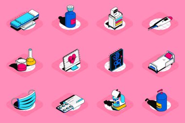 Medical concept 3d isometric icons set. Pack elements of couch, medicines bottle, patient monitoring system, thermometer, laboratory research and others. Vector illustration in modern isometric design