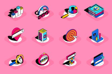 Seo optimization 3d isometric icons set. Pack elements of traffic, rating, network, target, keyword page ranking, data analytics, strategy and others. Vector illustration in modern isometric design