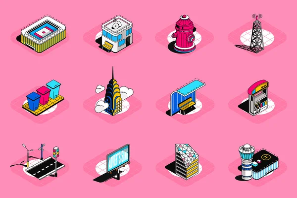 City Buildings Isometric Icons Set Pack Elements Urban Infrastructure Hydrant — Stock Vector