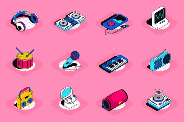 Music Isometric Icons Set Pack Elements Headphones Equalizer Song Player — Stock Vector