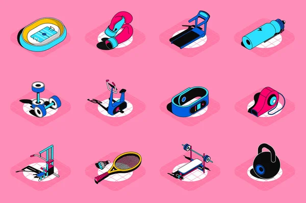 Sports Isometric Icons Set Pack Elements Boxing Gloves Treadmill Dumbbells — Image vectorielle