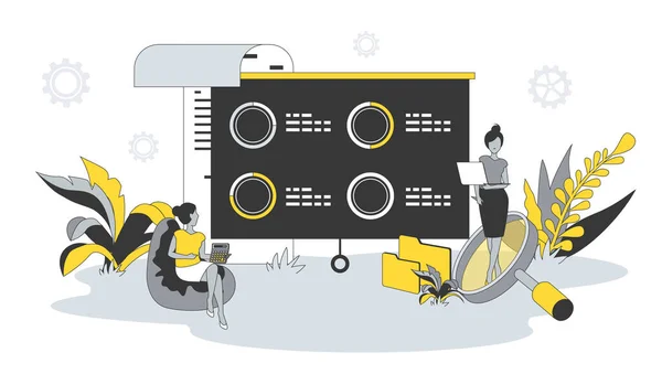 Data Analysis Concept Flat Design People Women Work Graphs Diagrams — 图库矢量图片