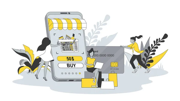 Commerce Concept Flat Design People Women Make Purchases Using Store — 图库矢量图片