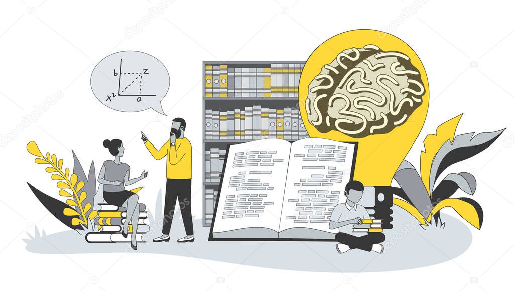 Knowledge concept in flat design with people. Woman and man read books and textbooks, thinking and discussing, generate ideas, improve skills. Vector illustration with character scene for web banner