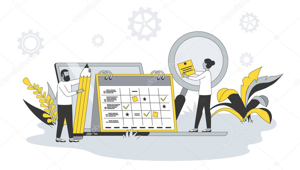 Planning concept in flat design with people. Man and woman schedule appointments on calendar, mark tasks on list and organize office workflow. Vector illustration with character scene for web banner