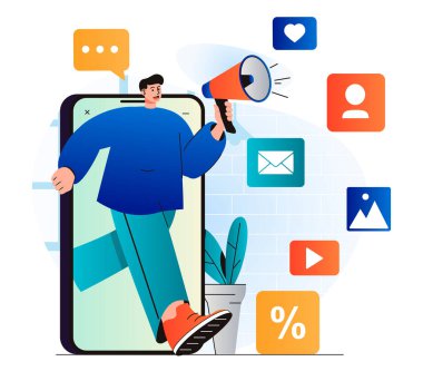Digital marketing concept in modern flat design. Man with megaphone attracts new customers from social networks and mobile applications. Online promotion and advertising campaign. Web illustration