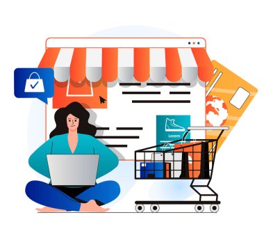 Mobile commerce concept in modern flat design. Woman makes profitable purchases on store website, paying and orders home delivery. Smart online shopping, e-commerce and e-business. Web illustration