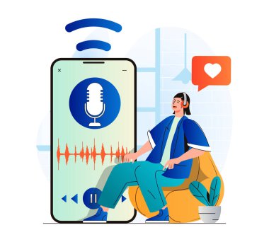 Podcast streaming concept in modern flat design. Woman with headphones is enjoying podcast or listening music using mobile app. Host talking in microphone at live radio show. Web illustration