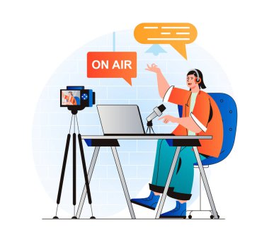 Podcast streaming concept in modern flat design. Woman with headphones talking in microphone at live radio show and recording on video camera at studio. Blogger live broadcasting. Web illustration