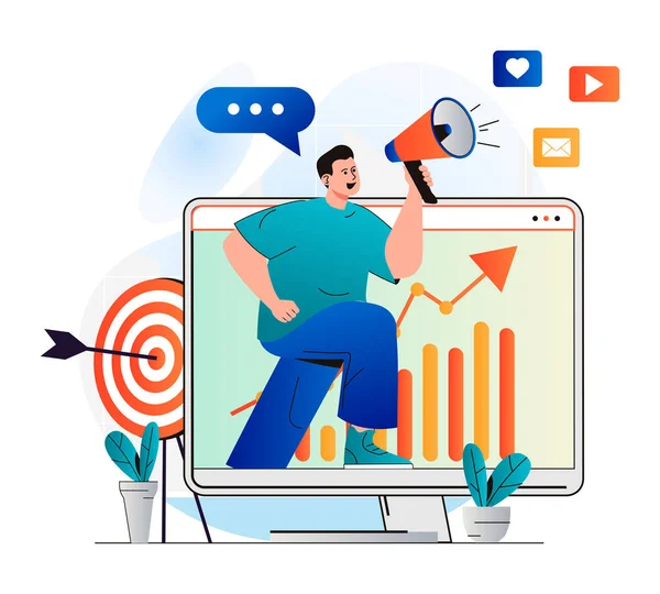 Digital marketing concept in modern flat design. Man with megaphone announcing and attracting new customers. Online promotion, targeting, data analysis and advertising campaign. Web illustration