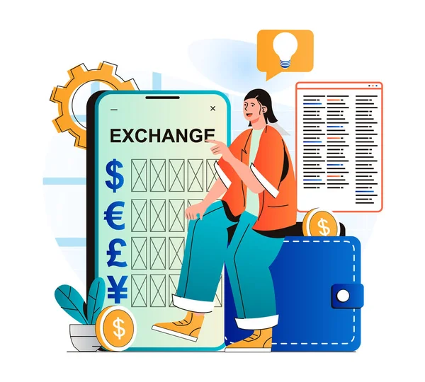 Mobile Banking Concept Modern Flat Design Woman Exchanges Currency Wallets — Stock fotografie