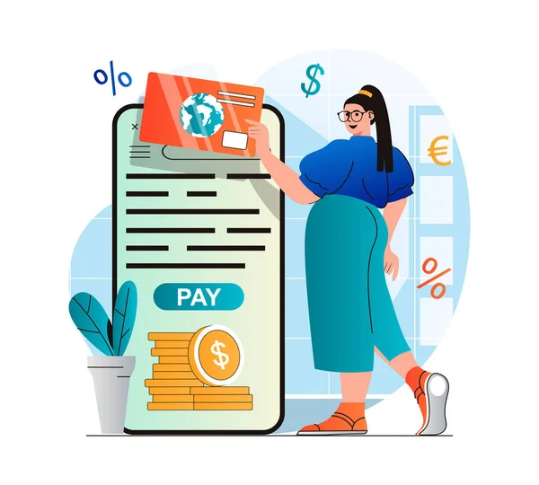 Online payment concept in modern flat design. Woman paying for purchases with credit card in mobile application. Customer conducts financial transaction in online banking app. Web illustration