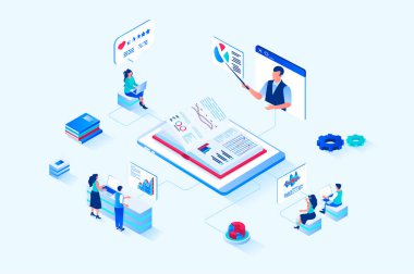 Business training 3d isometric web design. People improve their professional skills at business meetings, listen to coach, analyze company data on graphics and read textbooks. Vector web illustration