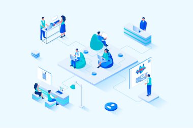 Coworking 3d isometric web design. People work on laptops in open office, discussing tasks and work together on project, communicate and collaborate, workspace of startup. Vector web illustration