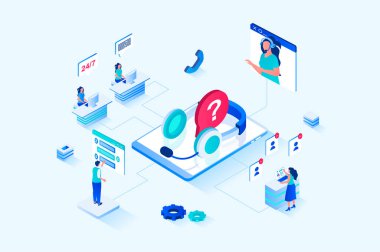 Customer support 3d isometric web design. People call technical support to get advice and resolve their issues, operators in headsets answer and advise, chatting clients. Vector web illustration