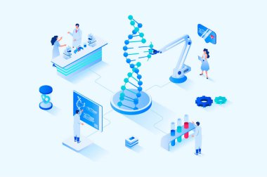 Medical laboratory 3d isometric web design. People scientists explore molecular structure of dna on modern laboratory equipment, researchers do tests and chemical experiments. Vector web illustration