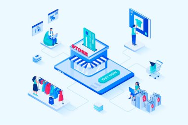 Online shopping 3d isometric web design. People choose new products at best prices with discounts on store pages, making purchases, use online payment and home delivery. Vector web illustration