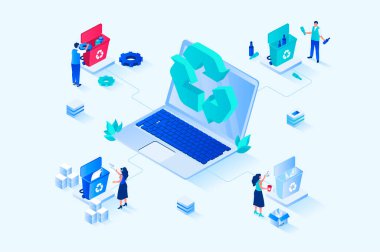 Waste management 3d isometric web design. People collect and sort garbage into bins for plastic, paper, glass, organic and other waste, recycle and reuse, protect environment. Vector web illustration