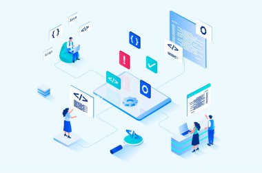 Web development 3d isometric design. People designers create and optimize code, programming at java script, settings pages, build site layouts and places navigation buttons. Vector web illustration