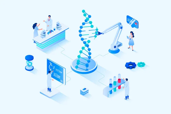 Medical Laboratory Isometric Web Design People Scientists Explore Molecular Structure — Stok Vektör