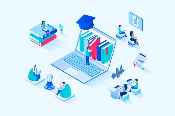 Online Studying Isometric Web Design People Read Books Study Textbooks — Vector de stoc