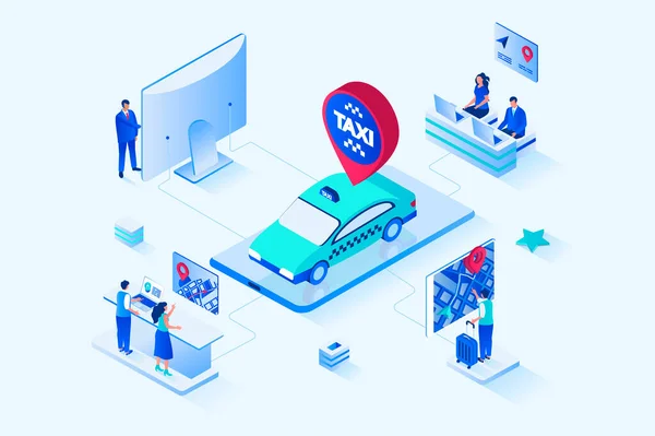 Taxi Service Isometric Web Design People Calling Taxi Booking Car — Stock vektor