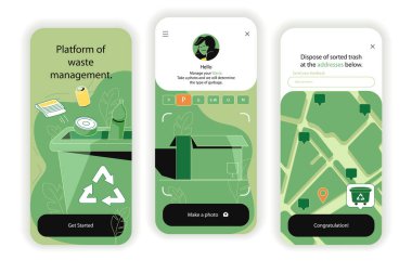 Waste manage concept onboarding screens. Separation of different waste, recycling, reuse and logistics in app. UI, UX, GUI user interface kit with flat people scene. Vector illustration for web design