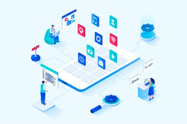 App development 3d isometric web design. People create user interface template, place application buttons on screen, work with codes and program software for different devices. Web illustration
