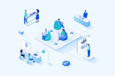 Coworking 3d isometric web design. People work on laptops in open office, discussing tasks and work together on project, communicate and collaborate, workspace of startup. Web illustration