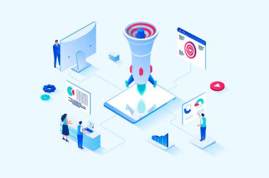 Digital marketing 3d isometric web design. People create promo content and make advertising campaigns for businesses and startups, targeting and attracting clients, e-commerce. Web illustration