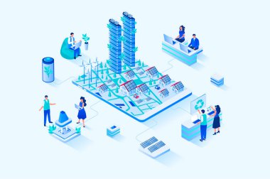 Green city 3d isometric web design. People use alternative energy sources and eco-friendly infrastructure, solar panels and windmills working near houses and skyscrapers. Web illustration