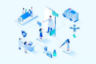 Medicine 3d isometric web design. People receive online consultation with doctor, make appointment at clinic reception, receive therapy in ward, treatment and healthcare. Web illustration
