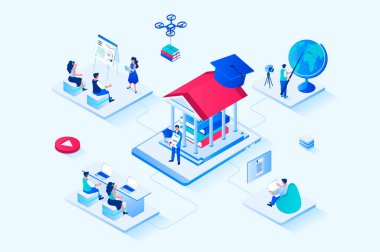 Online education 3d isometric web design. People get new skills and knowledge, read books, study at lessons in class, complete distance courses, listen teacher at conference. Web illustration