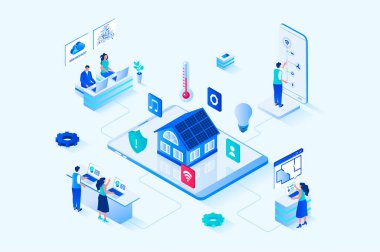 Smart home 3d isometric web design. People monitor and control sensors in house from mobile application, set up sensors for temperature, lighting, security systems and other. Web illustration