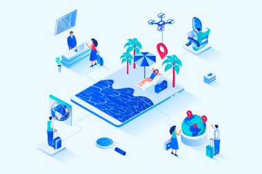 Travel vacation 3d isometric web design. People choose direction for travel, go on vacation with luggage, fly by plane, check into hotel and relax on tropical island by ocean. Web illustration