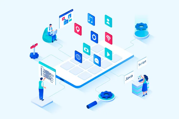 App Development Isometric Web Design People Create User Interface Template — Foto Stock