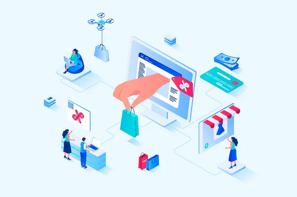 Discount Goods Isometric Web Design People Buy New Products Best — Stok fotoğraf
