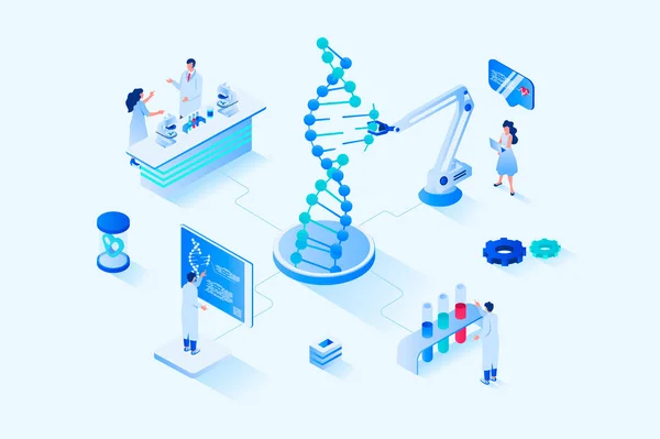 Medical laboratory 3d isometric web design. People scientists explore molecular structure of dna on modern laboratory equipment, researchers do tests and chemical experiments. Web illustration