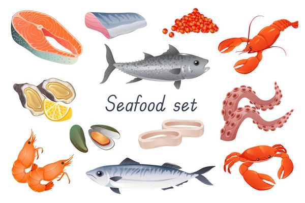 Seafoods Realistic Set Bundle Salmon Steak Red Caviar Crab Crayfish – Stock-vektor