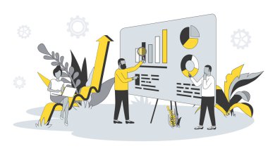 İnsanlarda düz dizayn analitik kavramı. İş verilerini analiz eden ve araştıran kadın ve erkekler, gösterge panelinde finansal grafikle çalışıyorlar. Web afişi için karakter sahnesi ile illüstrasyon