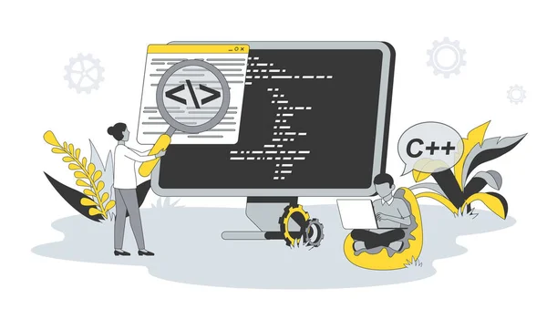 Computer programming concept in flat design with people. Man and woman write code and scripts, work with programming languages, create software. Illustration with character scene for web banner