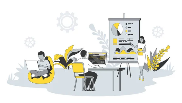 人々との平らなデザインでオフィスのコンセプトをコーキング 男性と女性はラップトップやコンピュータで働き オープンスペースで話し合い ブレインストーミングします Webバナーのキャラクターシーン付きイラスト — ストック写真