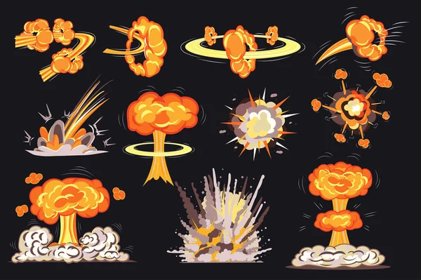 喜剧风格的火爆设置了一些孤立的元素 一束一束明亮的火焰炸弹的效果来表达运动和爆炸的能量 原子蘑菇 平面卡通设计图解 — 图库照片