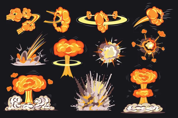 Fire explosions in comic style set isolated elements. Bundle of bright flame bombs effects to express energy of motion and detonation, atomic mushrooms. Illustration in flat cartoon design.