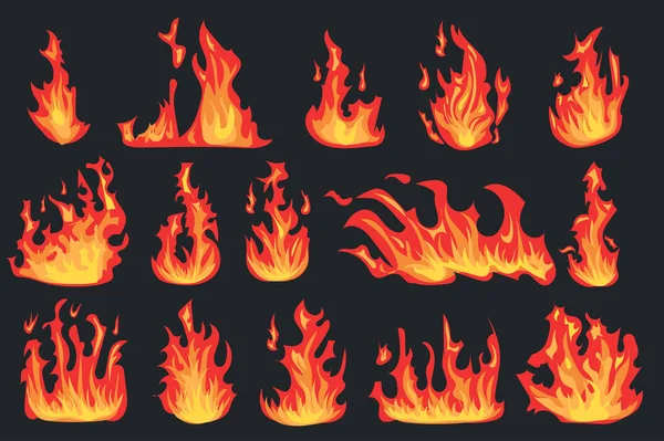 熱間炎は異なる形状の分離要素を設定します 明るい赤とオレンジの炎の効果のバンドル 熱エネルギーとパワー キャンプファイアと野火 平面漫画デザインのイラスト — ストック写真