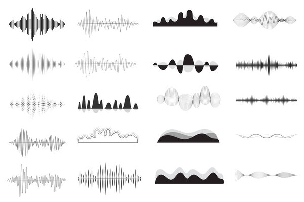 Sound waves in different shapes set isolated elements. Bundle of vibration and waving lines for musical player or audio equalizer, voice signal, waveforms. Illustration in flat cartoon design.