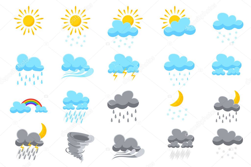 Symbols for weather forecasts set isolated elements. Bundle of clear sun, cloudy sky, snowfall, windy, thunderstorm, rain, rainbow, drizzle and others. Illustration in flat cartoon design.