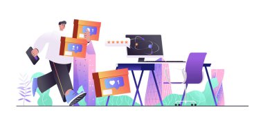 Web afişi için sosyal ağ konsepti. Sosyal medya kullanıcısı blogcuları takip ediyor, çevrimiçi iletişim ve blog yazarlığı, modern insanlar sahnesi. Düz çizgi film tasarımı ve insan karakterleri ile illüstrasyon